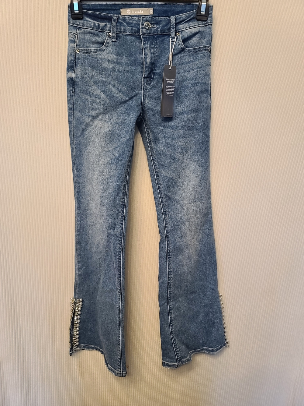 Tractr girls size 10 Medium Blue rhinestone and pearl Embellished Flare Jeans